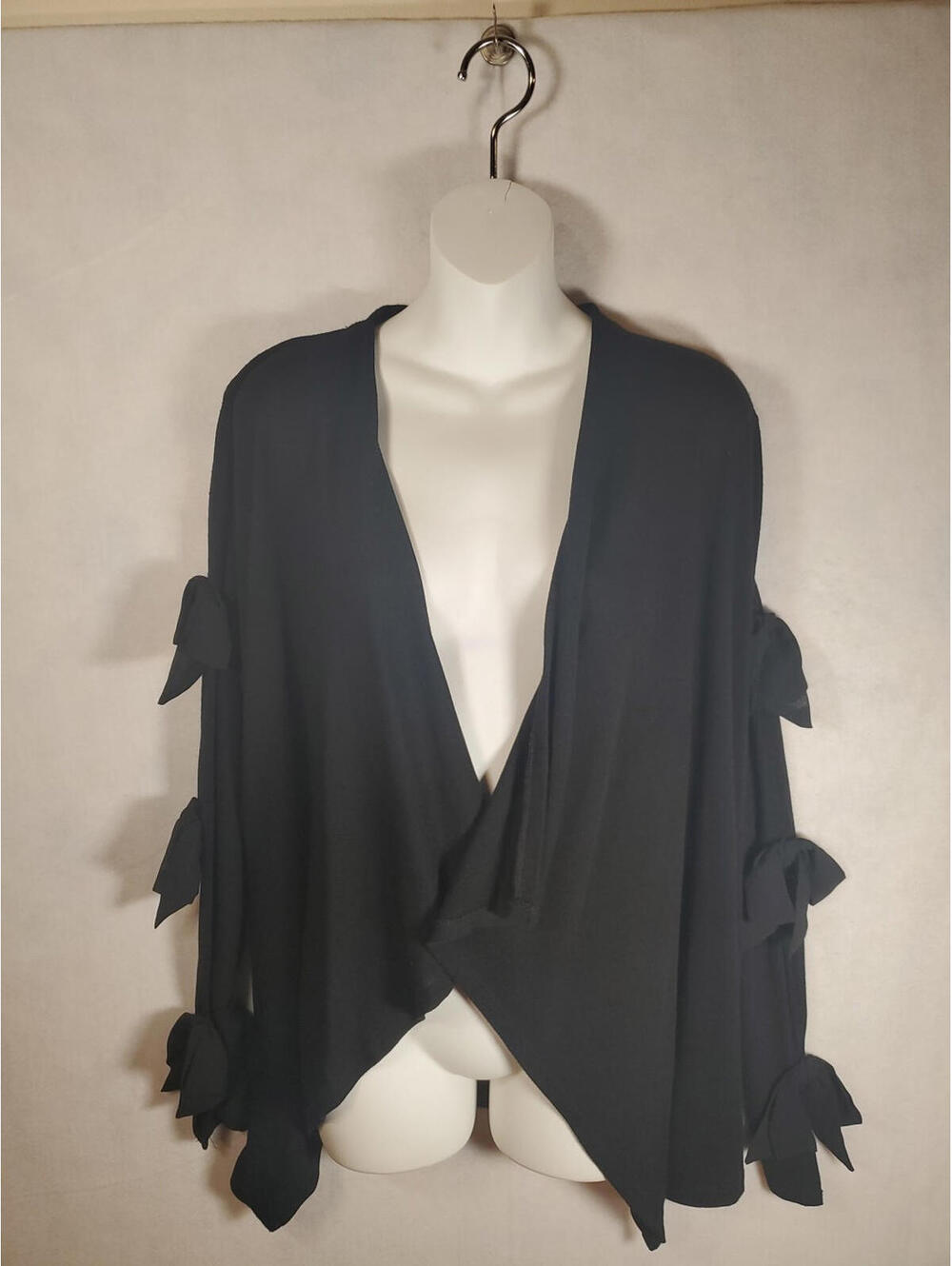 August Silk Women Sz S Bow Sleeve Black Open Cardigan Polyester Rayon Spandex